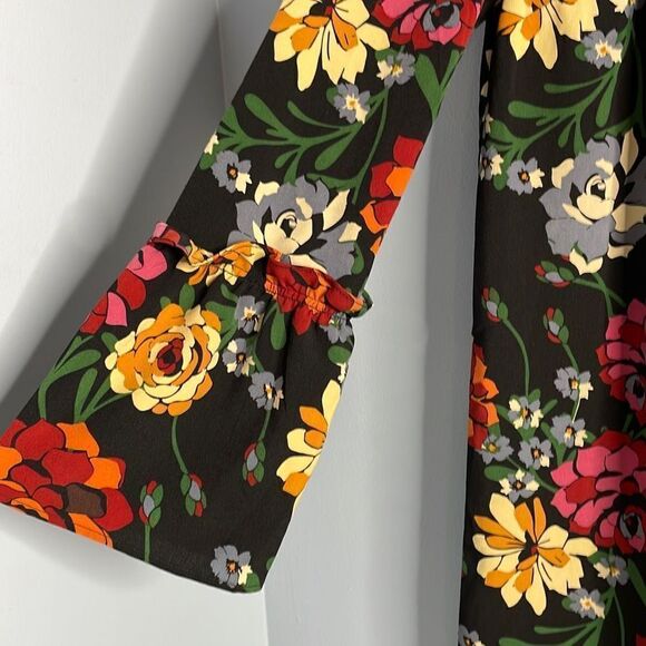 Fleur Bleue Black Floral Tent Dress with Ruffled Neck and Wide Sleeves Size 2 - Picture 3 of 7